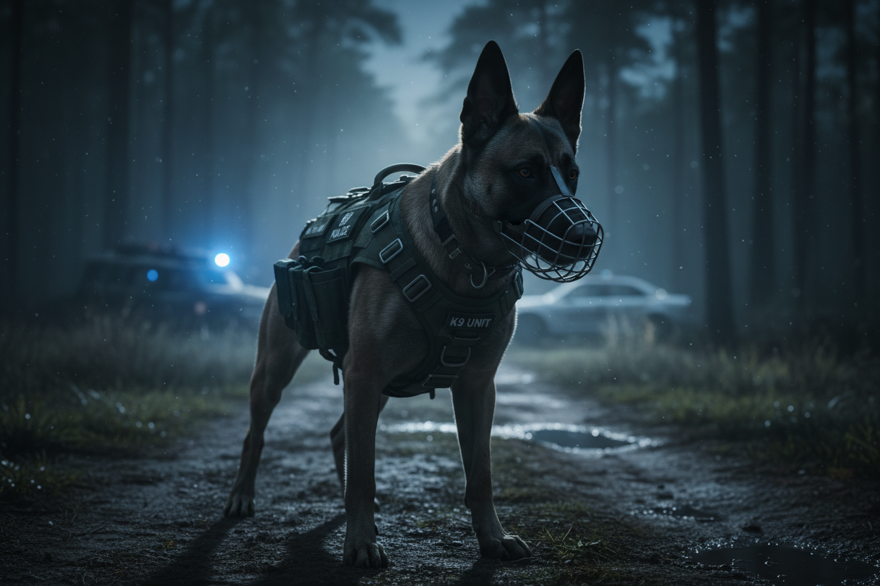 guard dog in military gear at night